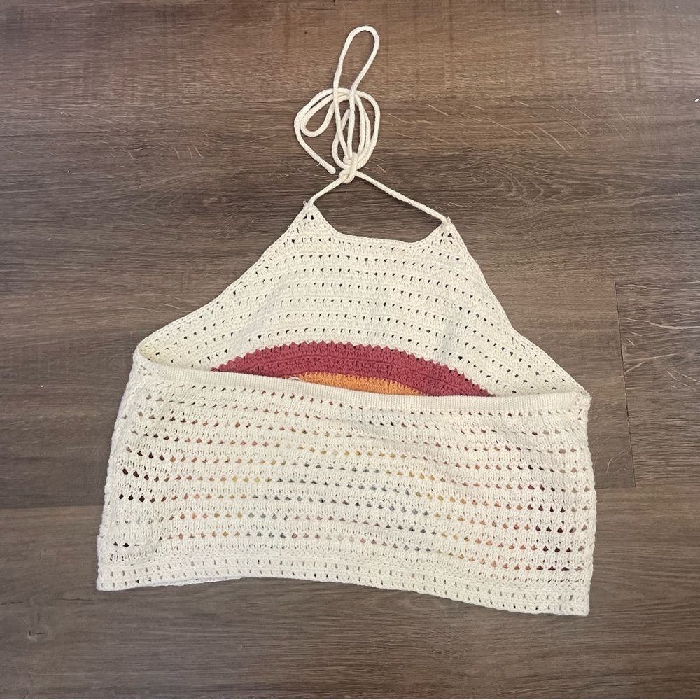 AEO American Eagle Crochet Knit Rainbow Halter Crop Top Womens Size Large - Picture 2 of 5